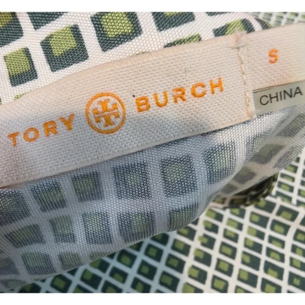 Tory Burch Women S Green White Geometric Print V Neck Sleeveless Silk Midi Dress